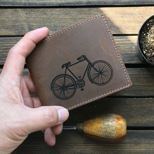 Mens Leather Wallet - Slim Wallet - Engraved Wallet - Bicycle