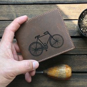 Monedero de cuero para hombre - Cartera delgada - Cartera grabada - Bicicleta