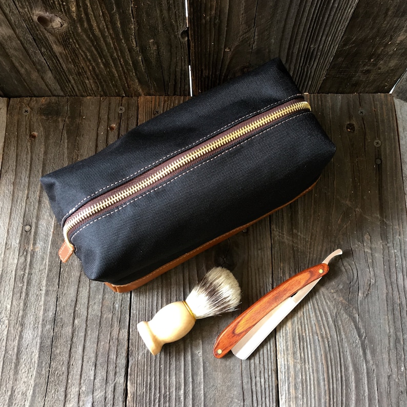 Leather Dopp Kit Mens Toiletry Bag Groomsmen Gifts Canvas Travel Bag Black / Tan image 2