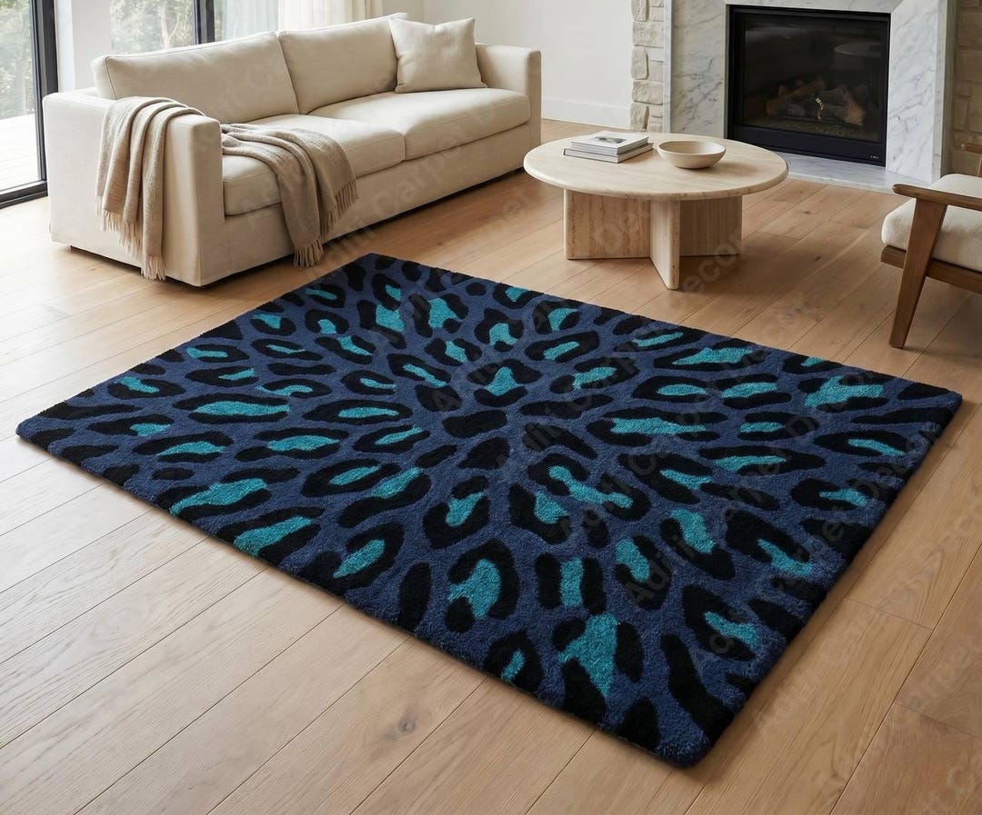 Blue Leopard Print Area Rug – Teal Animal Pattern Tufted Carpet - Etsy