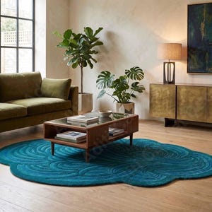 Handmade Peacock Blue Cloud Shape Tufted Wool Rug Custom Area Rug for Living Room Bedroom Aesthetic Irregular Shaped Carpet Hand Tufted