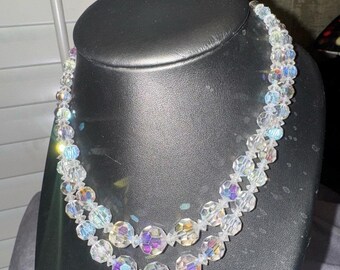 Collier Vintage 2 Rangs De Perles En Cristal Facetté Avec Fermoir Argent - État Impeccable