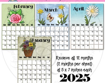 Flowers 2025 Monthly Calendars, 5x7 inches - Digital Printable - Immediate Download
