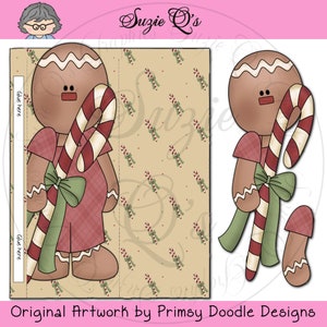 Może przedstawiać: Świąteczna ilustracja z piernikowym ludzikiem trzymającym laskę cukrową i ubranym w czerwoną sukienkę w kratę. Tło jest jasnobrązowe ze wzorem lasek cukrowych. Widoczne są teksty "Suzie Q's" i "Original Artwork by Primsy Doodle Designs".