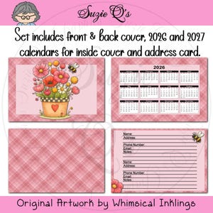 May include: A set of stationery with a floral design, including a front and back cover, calendars for 2026 and 2027, and an address card. The design features pink flowers, a bee, and the text "Suzie O's". Original artwork by Whimsical Inklings.
