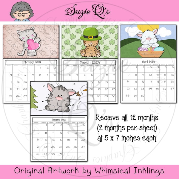 Cats 2024 Monthly Calendars, 5x7 inches - Digital Printable - Immediate Download