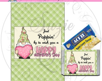 Valentine Gnome Popcorn Wrapper for microwave popcorn - Digital Printable - Immediate Download