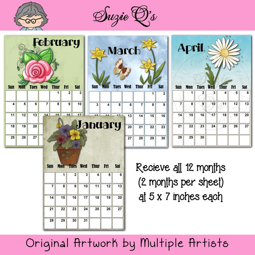 Flowers 2024 Monthly Calendars, 5x7 Inches Digital Printable Immediate ...