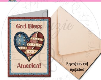 Patriotic Heart Card (includes full card and a sheet of 2 card fronts) - 5 x 7 inches - Digital Printable - Immediate Download