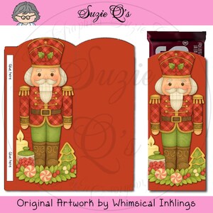 May include: A red cardstock Christmas-themed candy holder featuring a nutcracker soldier design. The nutcracker wears a plaid hat and uniform, with a white beard. The holder includes a candy jar, a Christmas tree, and the text "Original Artwork by Whimsical Inklings."