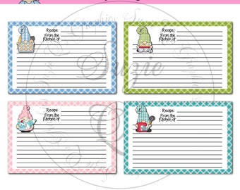 Baking Gnomes  Recipe Cards - set of 4  - Digital Printable - Immediate Download