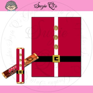 May include: A festive design featuring a red Santa Claus suit with gold buttons and a black belt with a gold buckle. A candy bar is placed next to the suit. The candy bar has the word "Rolo" on it.