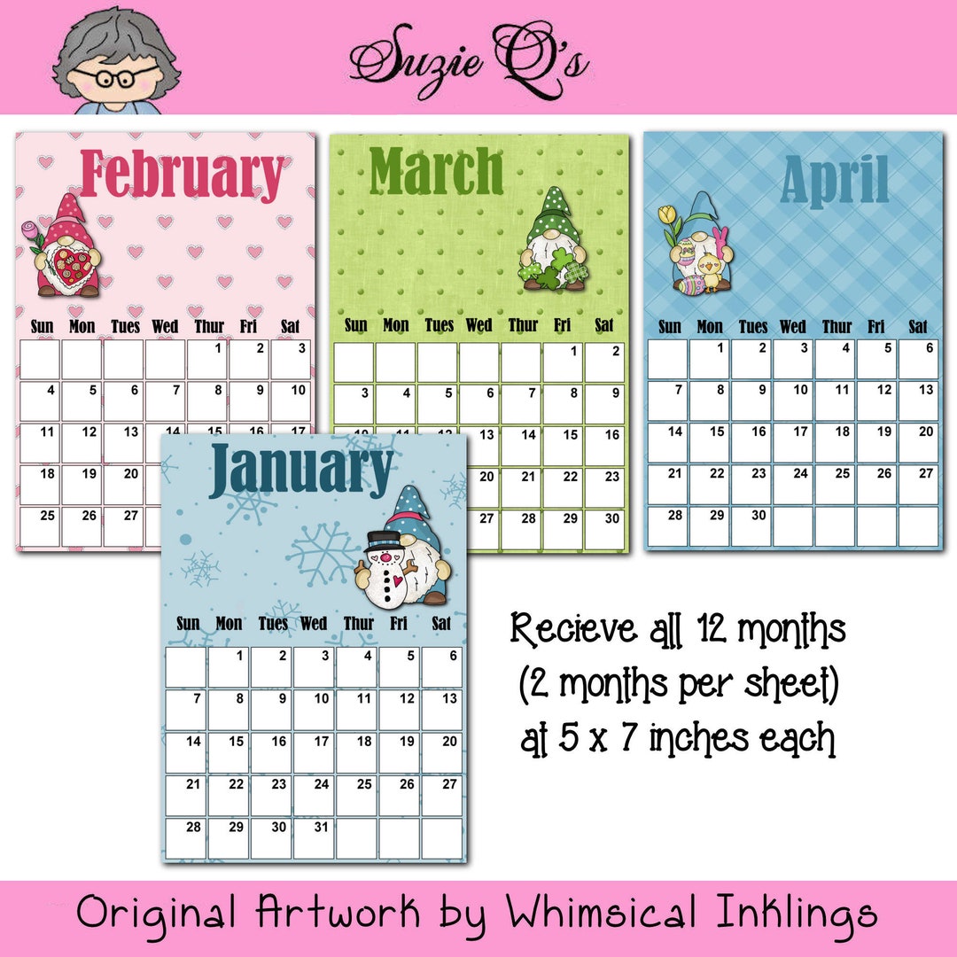 Gnomes 2024 Monthly Calendars, 5x7 Inches Digital Printable Immediate