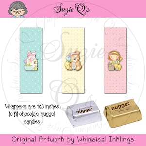 May include: Three decorative candy wrappers with polka dots and Easter-themed illustrations. The wrappers are 1x3 inches and feature a bunny, a bear, and a girl. Two wrapped chocolate nuggets are also shown.