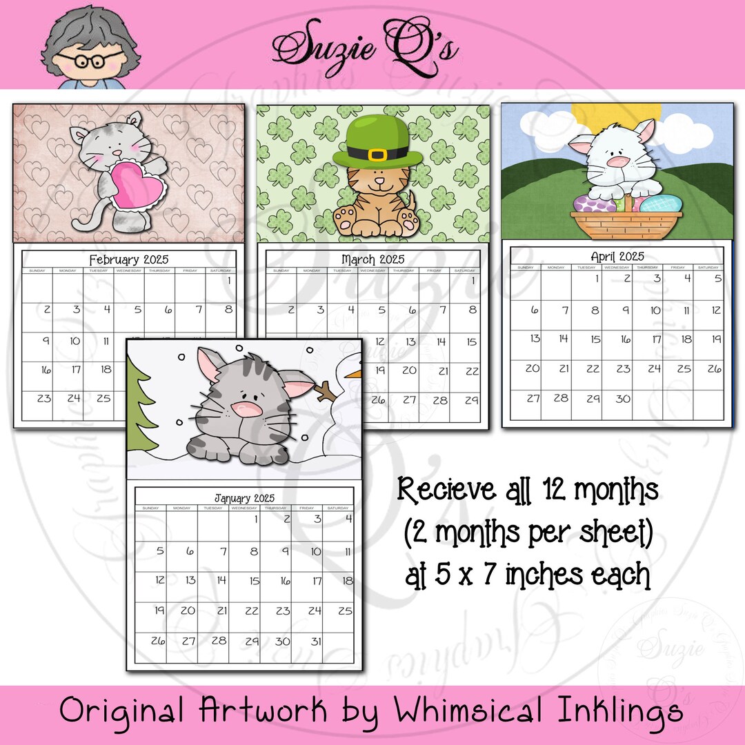 Cats 2025 Monthly Calendars, 5x7 Inches Digital Printable Immediate