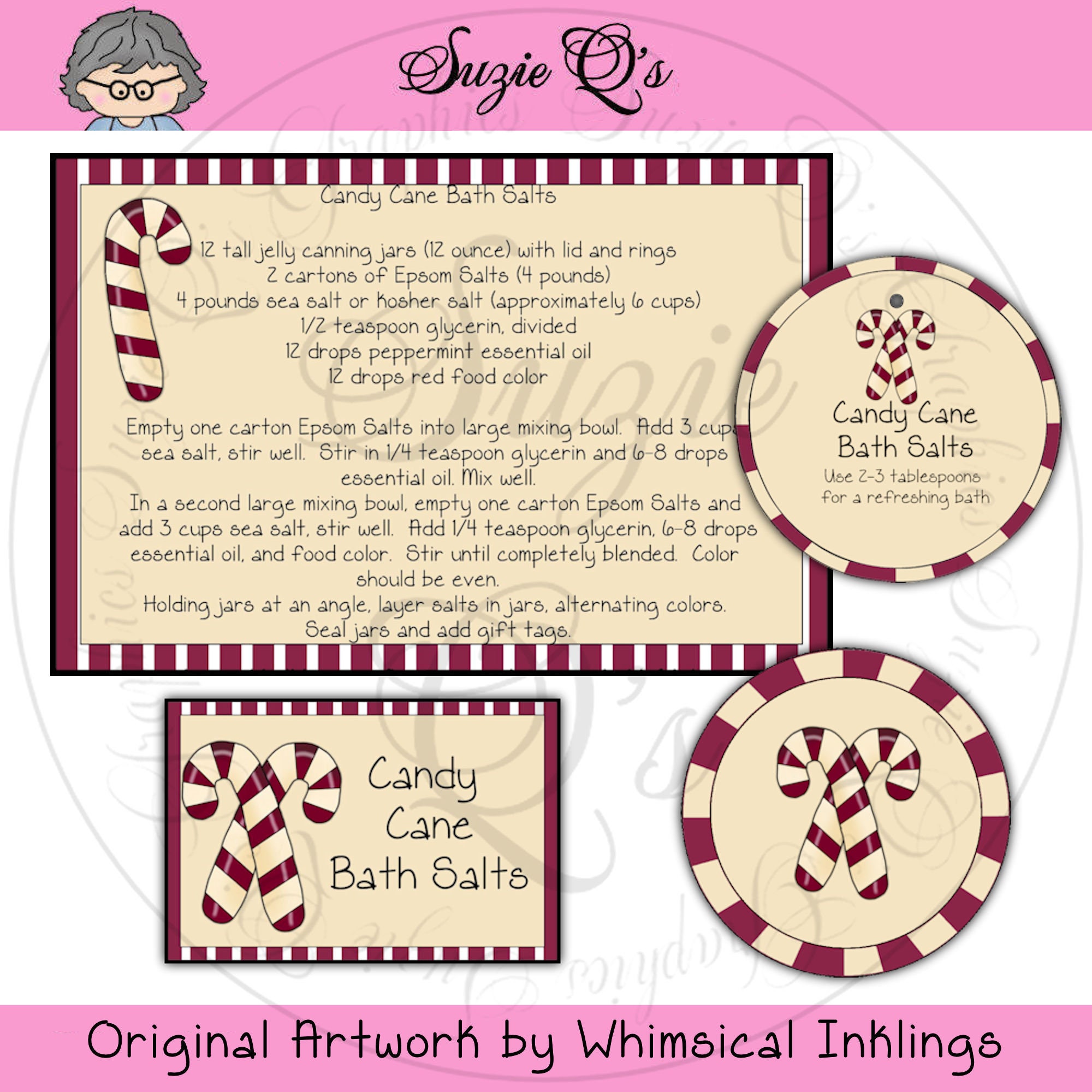 Candy Cane Bath Salts in a Jar - Labels, Tag and Recipe - Digital Printable Kit - Great Gift Idea - Immediate Download
