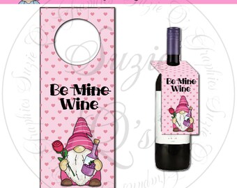 Valentine Gnome Wein Flasche Tag - CU Digital Printable - Sofortiger Download