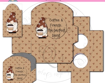 Coffee Gnome Box 2 and Tags - Holds 2 K Cups (with insert) or other small gifts - Digital Printable - Immediate Download