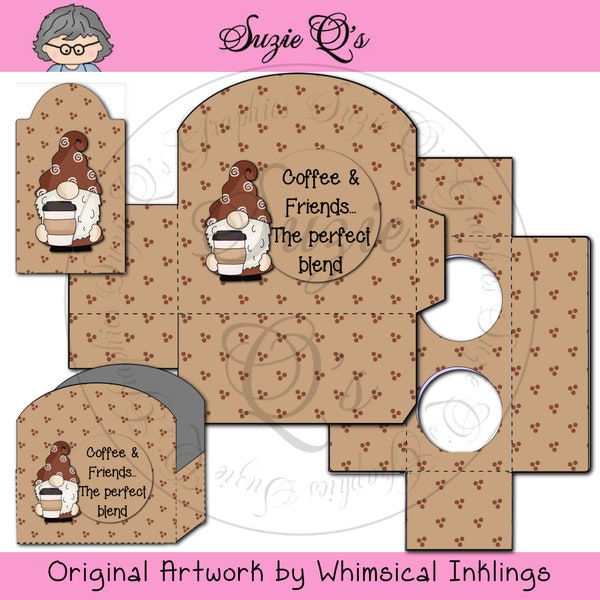 Coffee Gnome Box 2 and Tags - Holds 2 K Cups (with insert) or other small gifts - Digital Printable - Immediate Download