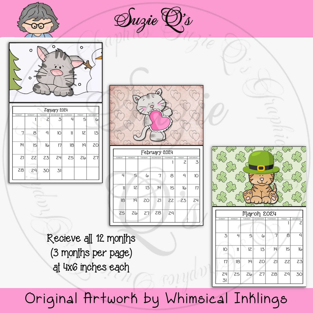 Cats 2024 Monthly Calendars, 4x6 Inches Digital Printable Immediate ...