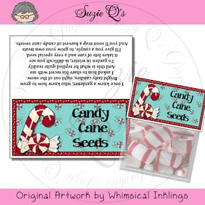 May include: A festive illustration showcasing a candy cane and a packet of candy cane seeds. The main label reads "Candy Cane Seeds" on a teal background with candy cane designs. A small bag of candy canes is also present.