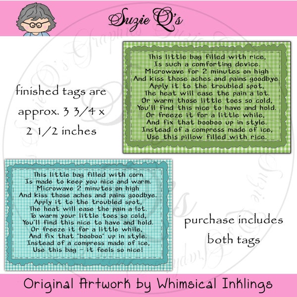 Instruction Tags for the Rice or Corn Filled Heating Pad (bags) - CU Digital Printable -Immediate Download