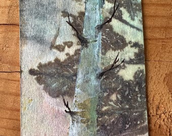 ACEO Original Miniature Collectible - Hand Painted TREE Art on Handcrafted Eco Print, OOAK Artist Signed, Nature, Whimsical