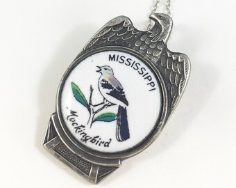 Mississippi Necklace, Mississippi Charm, Mississippi Pendant, Mississippi Woman Gift, Silver Eagle, Wife Gift, Mississippi Bird, Mockingbird