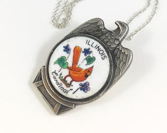 Illinois Necklace, Illinois Charm, Illinois Pendant, Illinois Woman Gift, Silver Eagle, Wife Gift,Illinois Bird, Cardinal Necklace