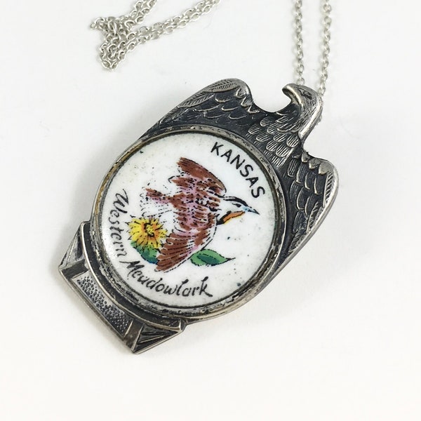 Kansas Necklace, Kansas Charm, Kansas Pendant, Kansas Woman Gift, Silver Eagle, Wife Gift, Kansas Bird, Western Meadowlark Necklace