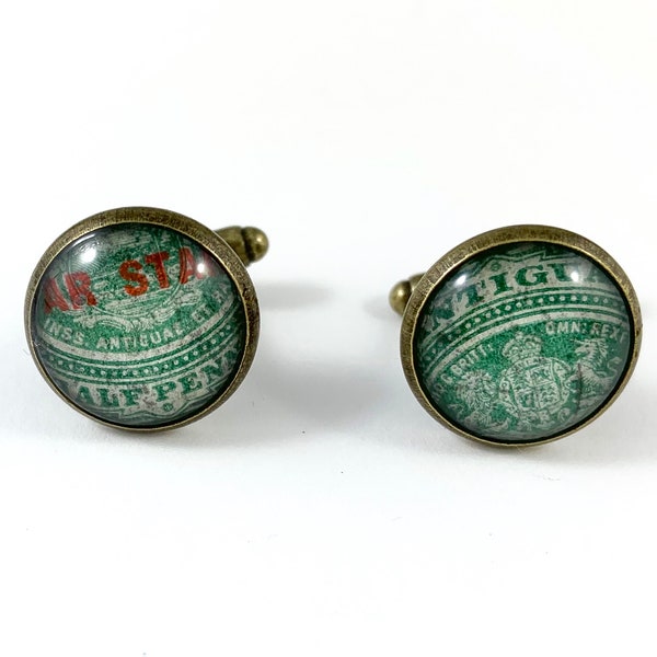 Antigua Cufflinks, Antigua Man Gift, Antigua Cufflinks, Antigua Gift, Stamp Cufflinks, Brass Cufflinks, Antigua Stamp, Antigua Tie Clip