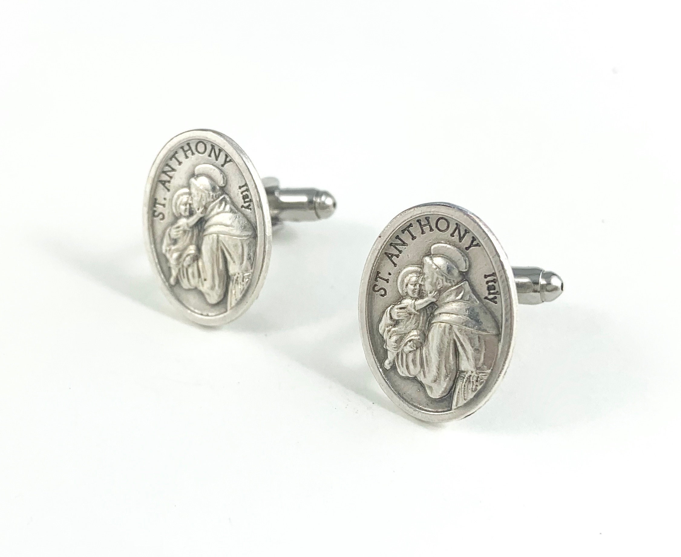 Mens Catholic Gifts Mens Gold Saint Anthony Cuff Links with St Anthony Medal Image & Lourdes Prayer Card