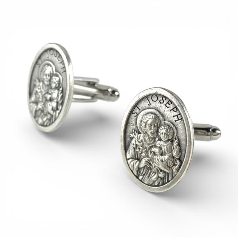 St. Joseph Cufflinks, St. Joseph Tie Bar, St. Joseph Man Gift, Wedding Cufflinks, Religious Cufflinks, St. Joseph Medal, Catholic Cufflinks image 2