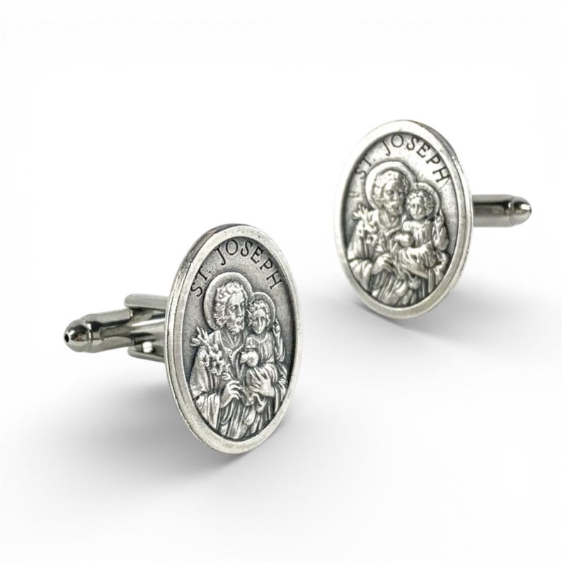 St. Joseph Cufflinks, St. Joseph Tie Bar, St. Joseph Man Gift, Wedding Cufflinks, Religious Cufflinks, St. Joseph Medal, Catholic Cufflinks image 3