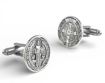 St. Benedict Cufflinks, St Benedict Tie Bar, St Benedict Man Gift, St Benedict Medal, Religious Cufflinks, Catholic Cufflinks