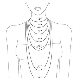May include: Illustration showing necklace lengths on a person. The image displays necklaces of varying lengths: 14", 16", 18", 20", 24", 30", and 33" to demonstrate how they would appear when worn. The text at the top reads "NECKLACE LENGTH (IN INCHES)".