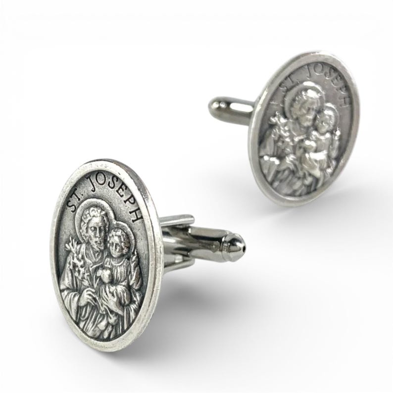 St. Joseph Cufflinks, St. Joseph Tie Bar, St. Joseph Man Gift, Wedding Cufflinks, Religious Cufflinks, St. Joseph Medal, Catholic Cufflinks image 6