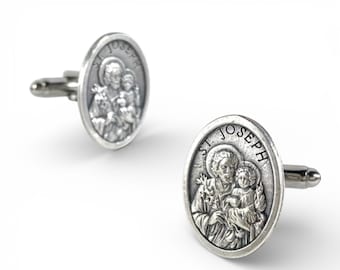 St. Joseph Cufflinks, St. Joseph Tie Bar, St. Joseph Man Gift, Wedding Cufflinks, Religious Cufflinks, St. Joseph Medal, Catholic Cufflinks