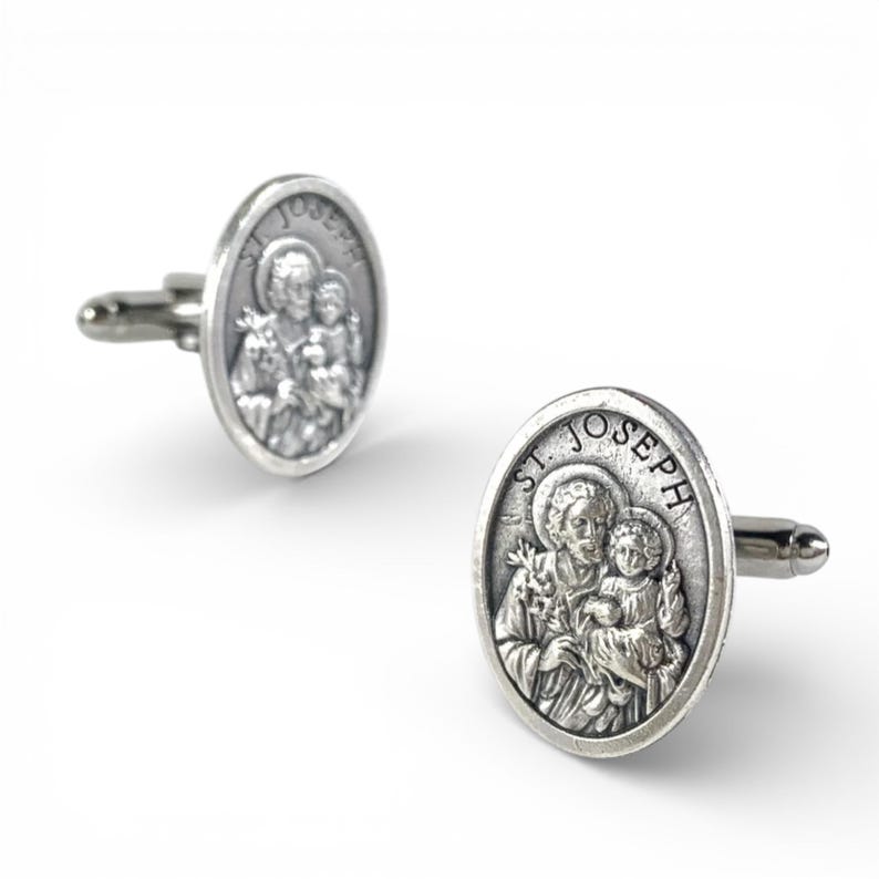 St. Joseph Cufflinks, St. Joseph Tie Bar, St. Joseph Man Gift, Wedding Cufflinks, Religious Cufflinks, St. Joseph Medal, Catholic Cufflinks image 1