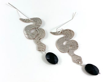 Snake Earrings, Long Snake Earrings, Silver Snake Earrings, Silverware Jewelry, Upcycled Silverware, Silverware Earrings