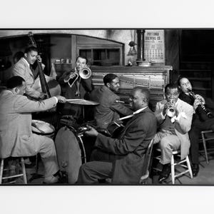 Origins of Jazz Plakat - New Orleans 1947, Louis Armstrax und Jazz Legends Druck, Jazz Wandkunst