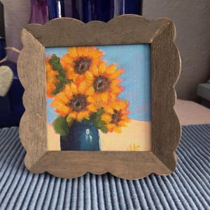 Original Sunflower Bouquet Oil Painting: Giftable 4x4 Floral Art, Brown Frame small art