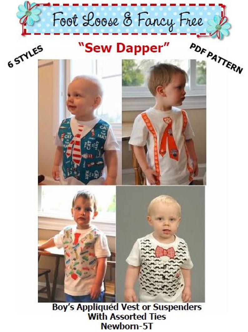Boy SEW DAPPER Appliquéd Vest or Suspenders with Assorted Ties PDF Pattern Sizes Newborn-5 image 1