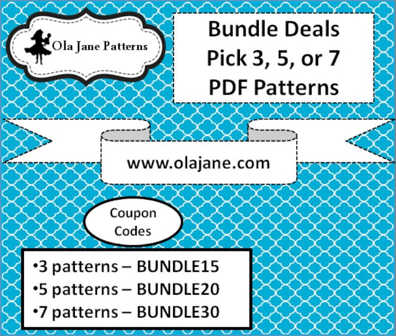 Puede incluir: Un fondo azul y blanco con un patr&oacute;n y una pancarta blanca que dice "www.olajane.com". El texto "Bundle Deals Pick 3, 5, or 7 PDF Patterns" est&aacute; en un cuadro blanco con borde negro. Un &oacute;valo blanco con borde negro dice "Coupon Codes". Debajo del &oacute;valo, hay tres vi&ntilde;etas con el texto "3 patterns - BUNDLE15", "5 patterns - BUNDLE20", y "7 patterns - BUNDLE30".