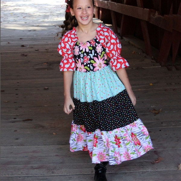 SEW Twirly Tiered Peasant Dress Pattern -  New Scoop Neck Design - Easy PDF Sewing Pattern Children Clothing