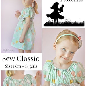 May include: A green and yellow floral print dress with a gathered neckline and short sleeves. The dress has a bow at the waist and is available in sizes 6 months to 14 girls. The text "Sew Classic" and "OlaJane Patterns" is visible in the image.