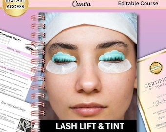 May include: A Lash Lift & Tint training manual with a spiral binding. The cover features a woman with her eyes closed, undergoing a lash lift procedure. The text "LASH LIFT & TINT" and "LASH TRAINING MANUAL" are visible. Additional documents and a certificate are also present.