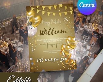 Elegant Gold Birthday Invitation | Editable Canva Celebration Invite | Glam Party Template