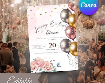 Elegant Birthday Invitation Template | Editable Canva Birthday Invite | Pink & Gold Party Invitation