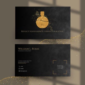 Luxury Black & Gold Business Card Template | Elegant Perfume Branding Design | Editable in Canva image 3